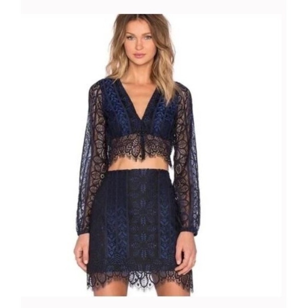 For Love & Lemons Lyla Lace Two Piece Set Crop Top Mini Skirt Blue Black Small